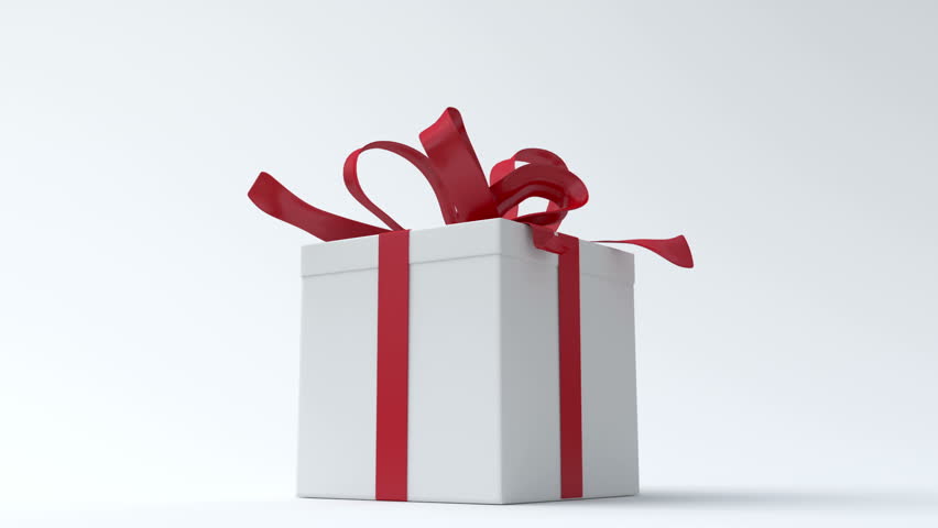 White gift box with red ribbon opening. Include alpha channel.