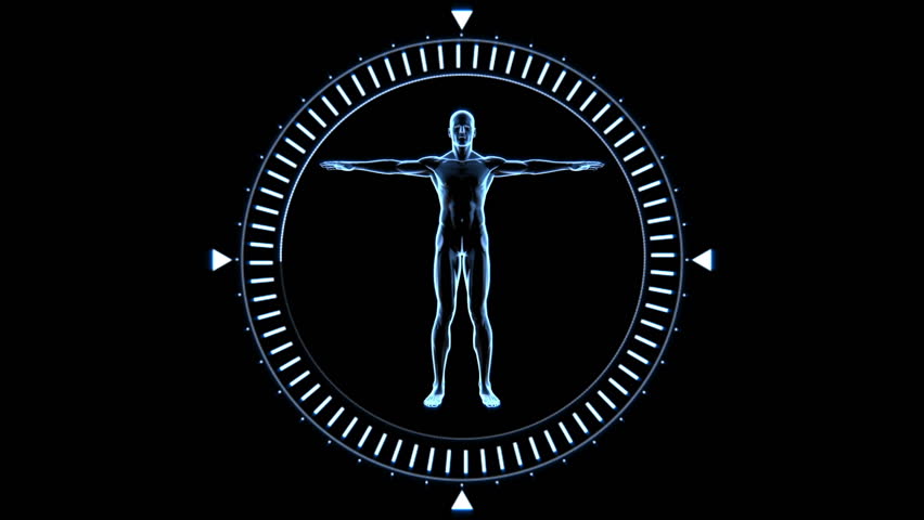 Revolving figure of man in moving dial circle in blue on black background