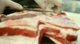 Butcher shop Butcher man hand cutting raw meat with meat chopper. 