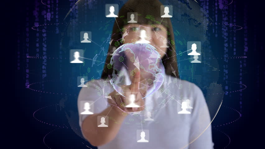 Woman touches a screen to reveal an animation of her social network