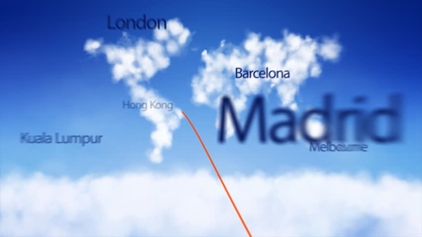 Flying above clouds towards a global map. City names fly by.