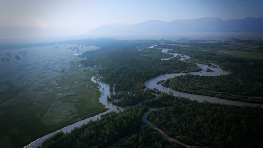 flight over mountain river