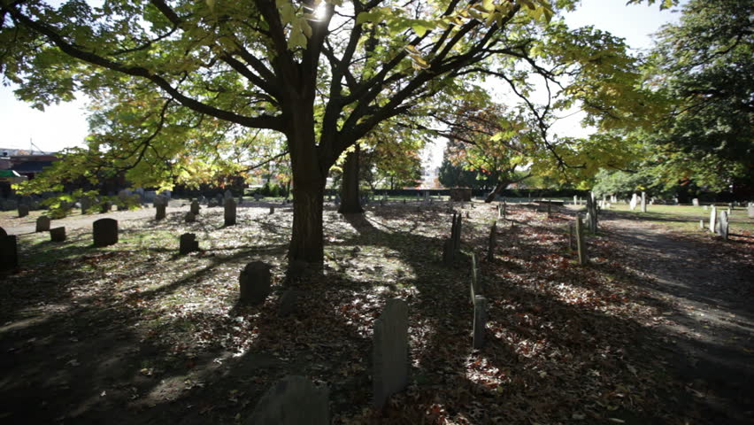 A wide shot of a  burial ground in Salem, Massachusetts