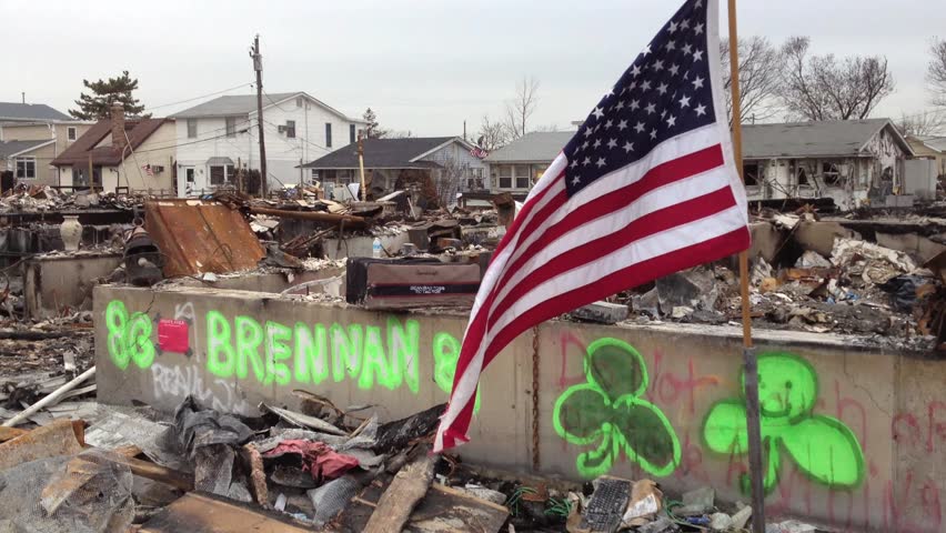 BREEZY POINT, QUEENS, NY - December 2, 2012: Video clip of wreckage and debris from fire from Hurricane Sandy.  Graffiti displays shamrocks and spirit of Irish population that lives in Breezy Point.