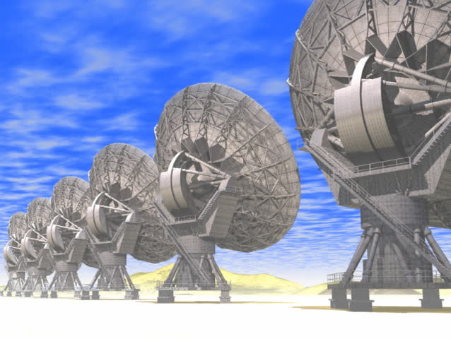 Computer-generated 3D animation depicting VLA radio antennas or radio telescope