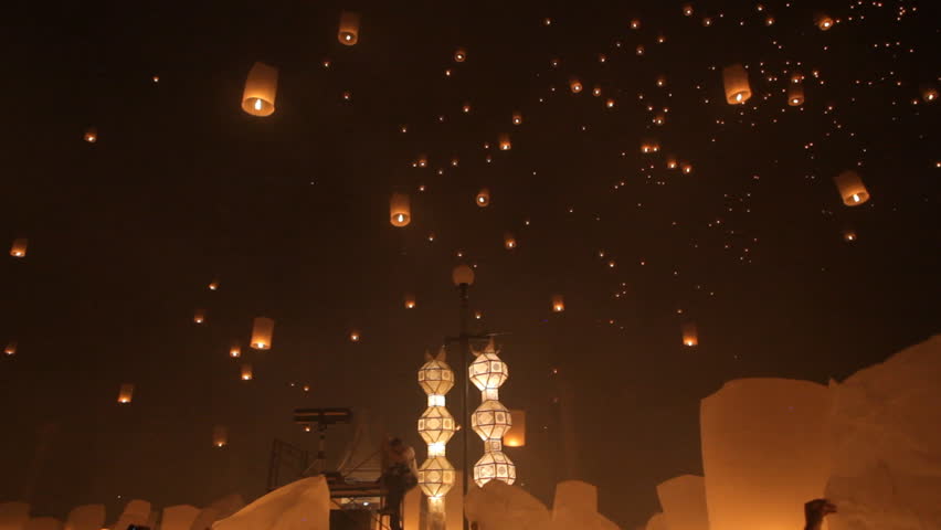 Lanterns launching for Loy krathong buddhist festival in Thailand