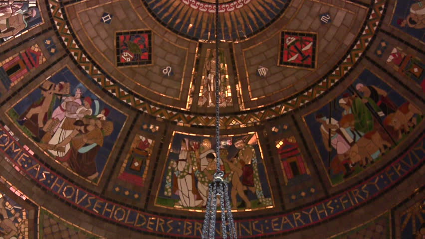 Pan down of rotunda and chandelier in state capitol 
