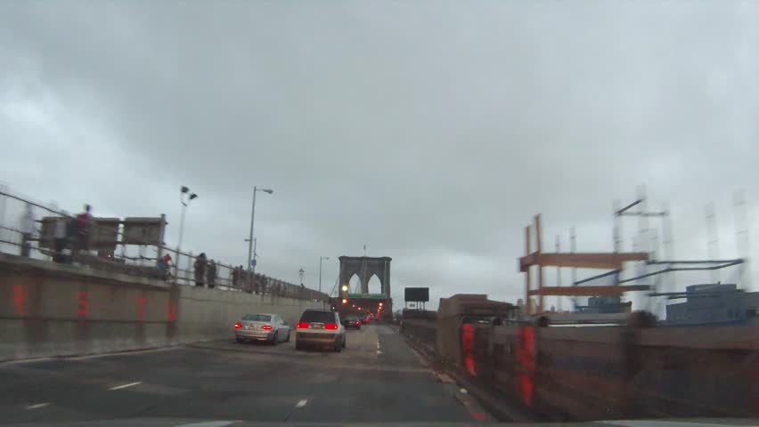 Point of view Car on Brooklyn Bridge New York daytime overcast FRONT VIEW // 1080p25
