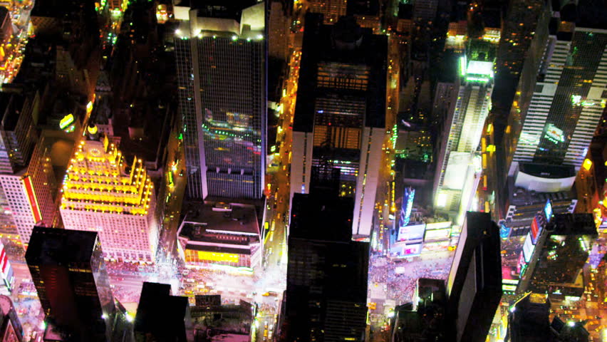 Aerial view of Times Square and Broadway illuminated at night, Manhattan, New York, USA