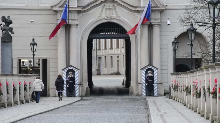 PRAGUE, CZECH REPUBLIC - JAN 6 2013: Guards at Prague Castle on January 6, 2013 in Prague, Czech Republic. The Prague Castle is 24 hours a day guarded by elite unites of the Castle Guard.