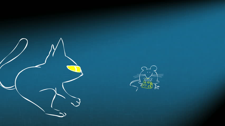 mouse eating cheese, cat eating mouse, hand drawn traditional animation. 