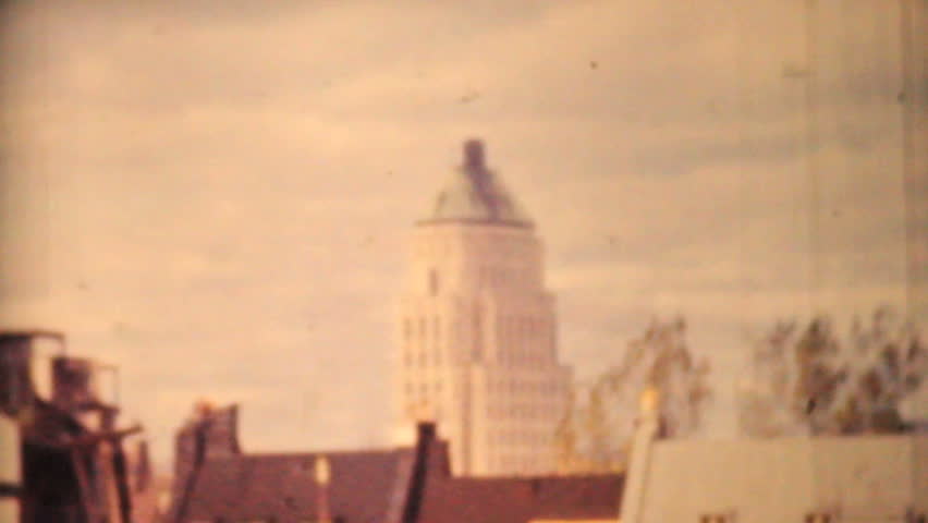 A left to right pan of the infamous Frontenac Hotel in Quebec City towards the Saint Lawrence Seaway in 1958.