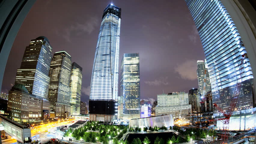 Aerial view of Freedom Towers and Ground Zero, lower Manhattan Skyline, New York, America at night, wide angle