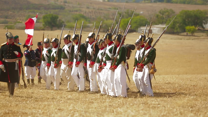 CRIMEA, UKRAINE â SEPTEMBER 29, 2012: Russian squad during reenactment of Battle of Alma (Crimean War 1853 - 1856) on a historical festival in Crimea.