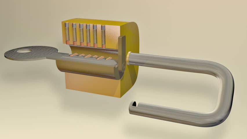 Key Lock Mechanism Block 3D Animation.  Shows internal lock springs and key turn to release metal loop. Alpha Channel included end of track.