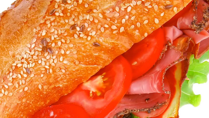 french sandwich : fresh white baguette with smoked sausage hidef slow motion intro