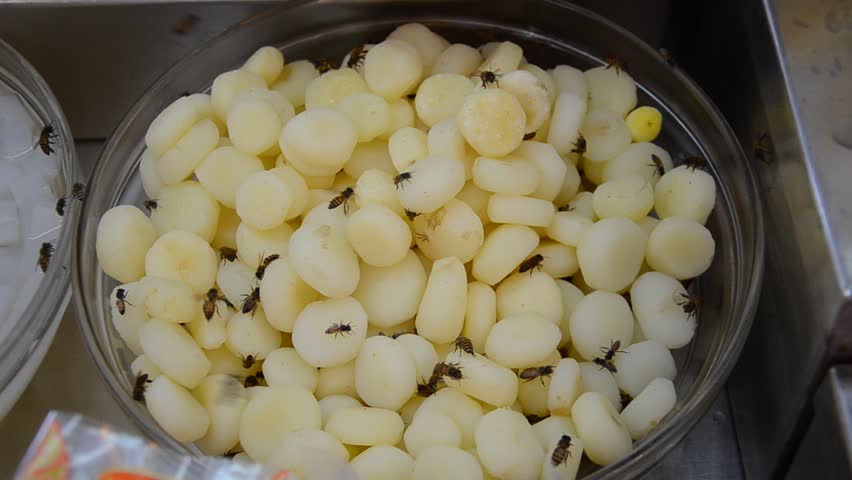 Bees in water chestnut sweets. Thai people use bees as an indicator that the food is purely organic with non chemical toxic.
