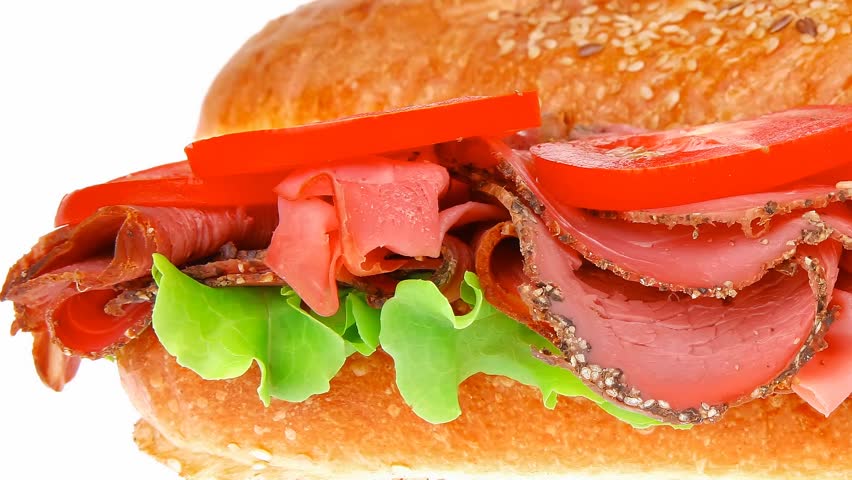 french sandwich : long baguette with smoked chicken sausage hidef slow motion intro