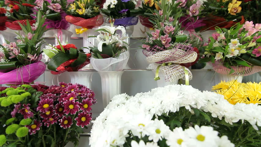 Large Variety Of Fresh Flower Arrangements In Florist Shop, Tracking Shot 