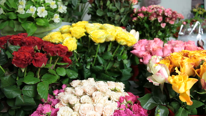 Fresh Cut Flowers And Arrangements In Florist Shop, Tracking Shot
