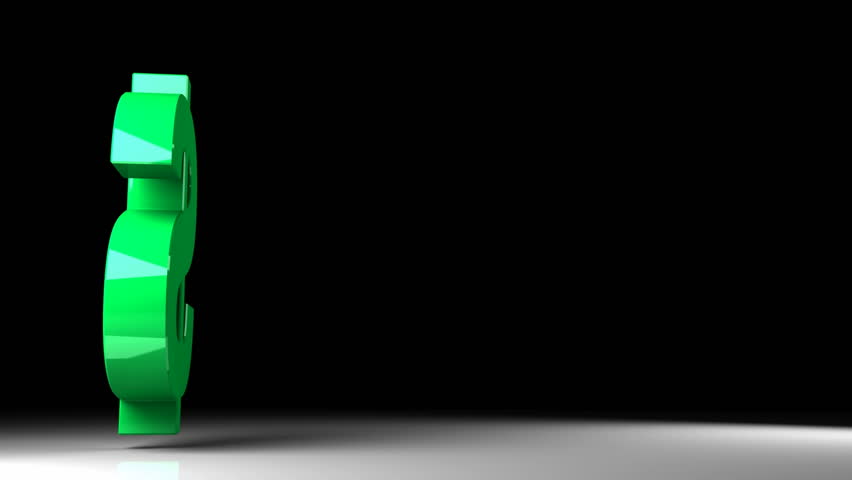 Green shiny dollar sign flying with rotation over black background. 3d render animation