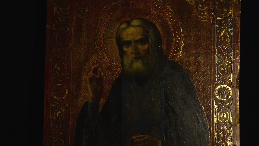 Russian icon painted on wood (tempera) of Saint Seraphim of Sarov (Prokhor Moshnin). He is one of the most renowned Russian monks and mystics in the Orthodox Church of 19th century.