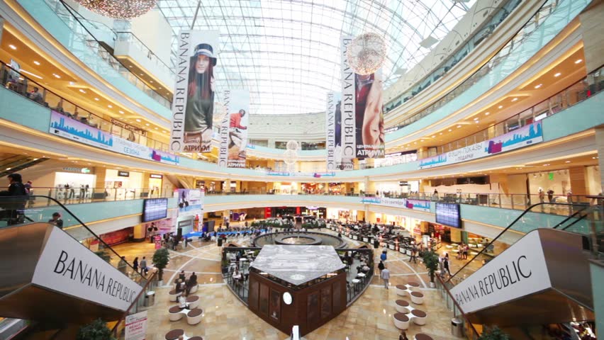 MOSCOW - SEP 7: People walk in shopping center Afimall on September 7, 2011 in Moscow, Russia. Afimall was opened on May 22, 2011
