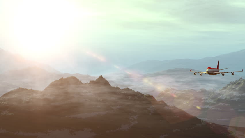  animated intro with airplane flying over mountains landscape and sun flare