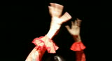 Flamenco dancer dancing traditional flamenco dance on wooden floor and dark background