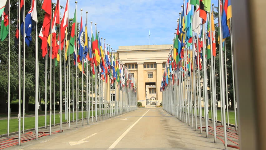 GENEVA, JUNE 2012 : Tracking shot at UN headquarter entrance in Geneva, Switzerland.