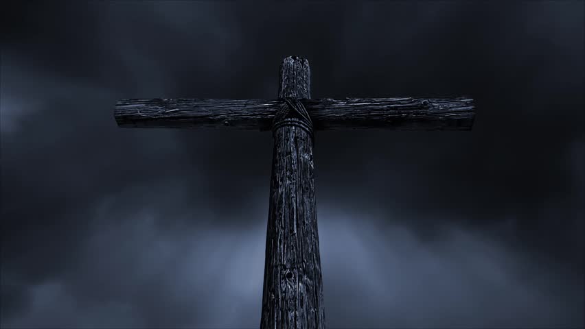 Loop features an old rugged wooden cross standing against a time lapse motion cloud sky with rays of light and periodic flashes of lightning in the clouds. Cyan blue monochromatic tone.