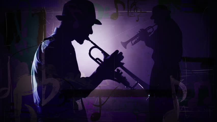 Dueling Horns - This is a composite video of a close up of a man playing a trumpet with animated music notes and a guitar player silhouette in the background 