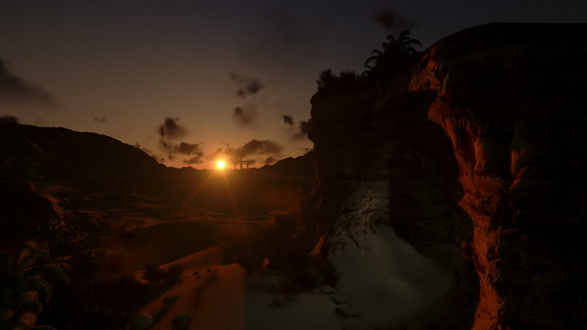 Jesus on Cross at sunrise and Light of Resurrection, tilt