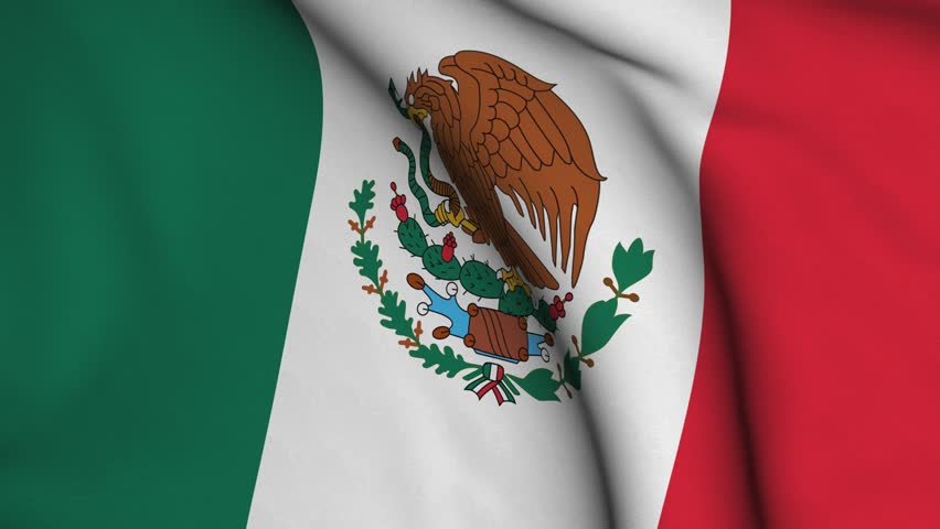 Seamless looping high definition video closeup of the Mexican flag with accurate design and colors and a detailed fabric texture.