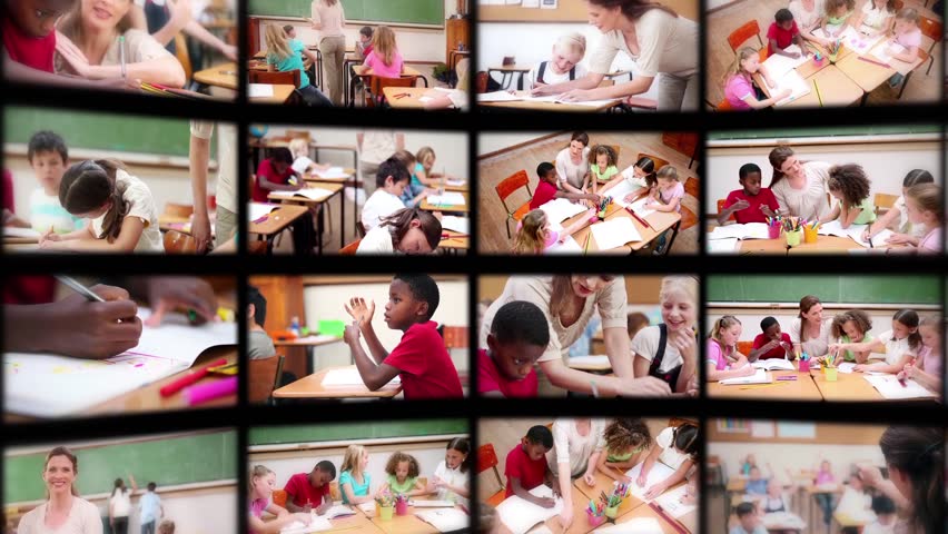 Montage of pupils with teacher studying in classroom