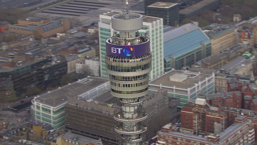 LONDON - NOVEMBER 2012 Aerial view of the B T Tower in London, this famous communications tower has been previously known as the Post Office Tower and London Telecom Tower. London, UK 22 November 2012