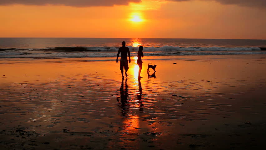 Couple playing on beach with dog at sunset in Bali