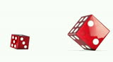 Red dice roll bouncing and rolling until they land in front of the camera.  An alpha channel is also included.