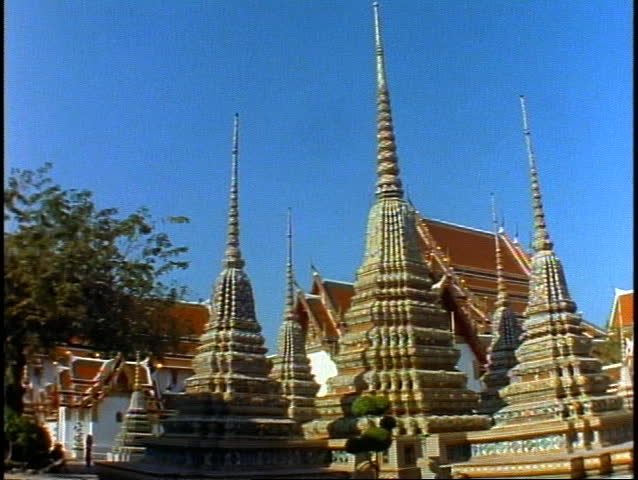 Temple of the Reclining Buddha, wide shot spires, pan right