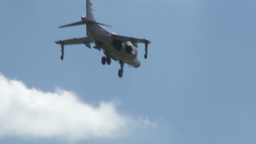 Hawker Harrier Jump Jet hovers in mid air.