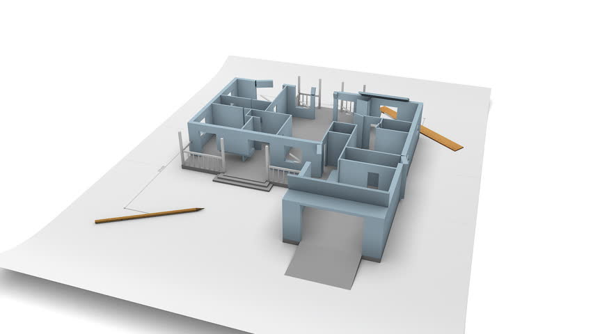 High quality animation of a house being built on a blueprint paper