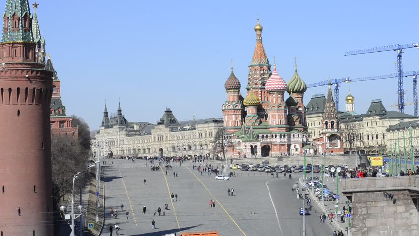 Moscow Kremlin panorama:  Saint Basil's Cathedral, GUM, Red Square, Kremlin wall, Ivan the Great Bell Tower, Moscow river, Moscow City and moving back to Saint Basil's Cathedral