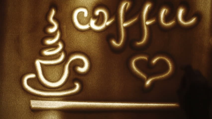 Coffee Cup, drawn by a finger on sand, Sand Painting