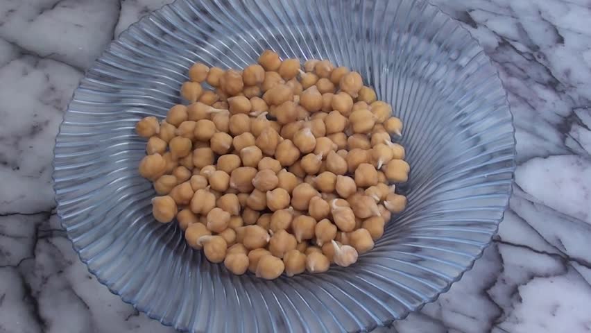 sprouted chickpeas on plate, close up, zoom in 