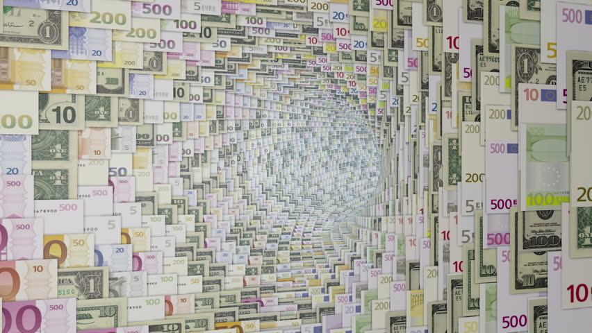 Various currencies tunnel fly through, bloom, Alpha