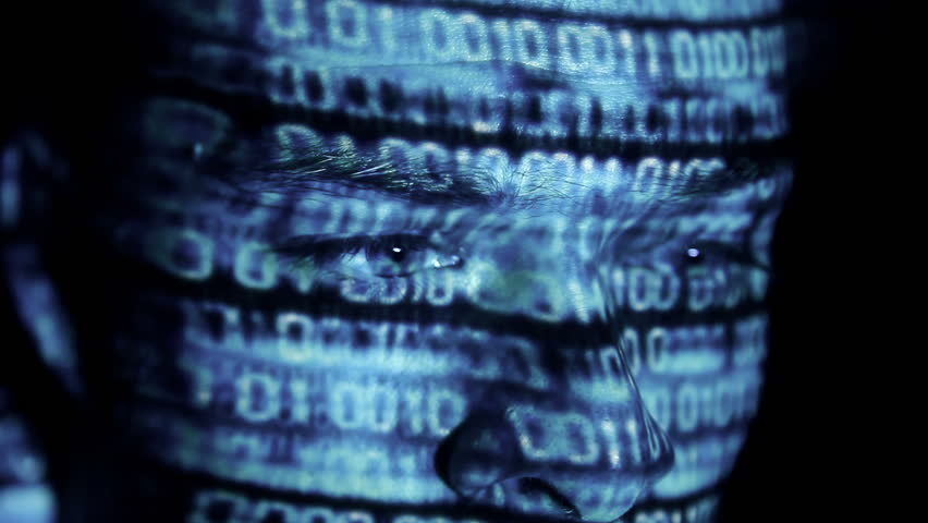 ID theft looking at the camera with binary codes reflections and animations
