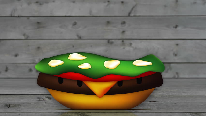 Animation of a cartoon burger (hamburger, veggie burger...) falling into frame one part at a time completing the sandwich.