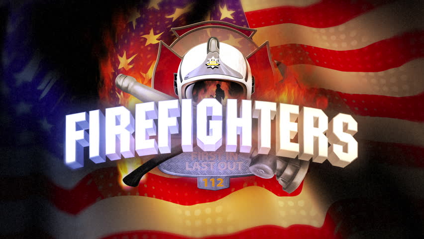 Short intro for fire fighters videos. Helmet, streamline, axe and maltese cross with flames on waving US flag. CG graphics.
