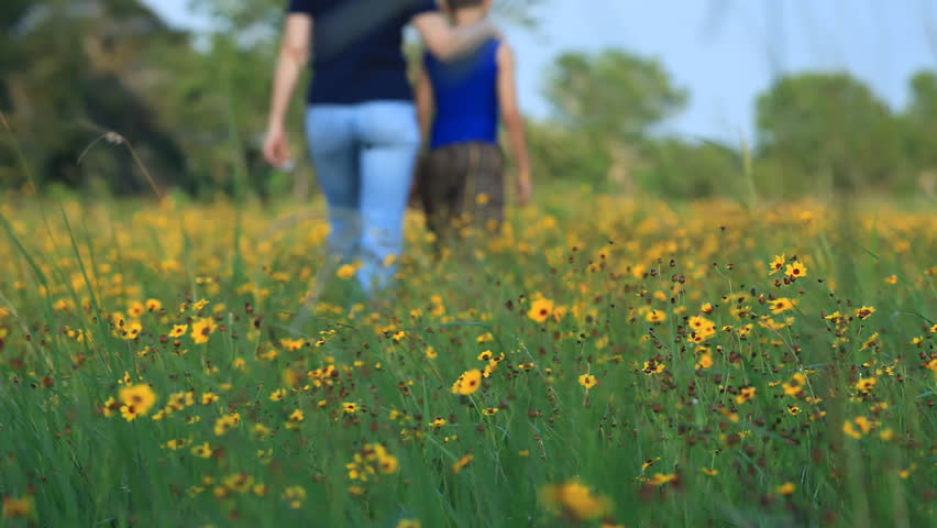 A woman and a boy enjoy a walk through the wildflowers together.  Shallow DOF, focus is on the forground.