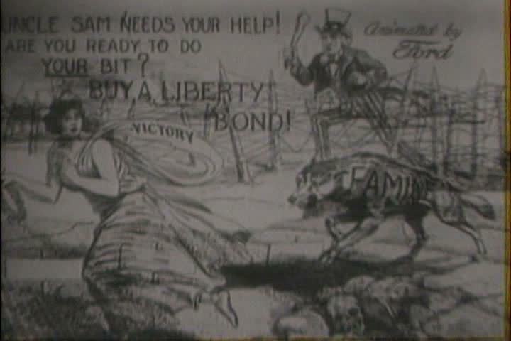1910s - World War One patriotic cartoon urges people to buy war bonds and produce bumper crops.
